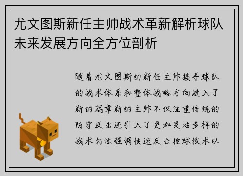 尤文图斯新任主帅战术革新解析球队未来发展方向全方位剖析