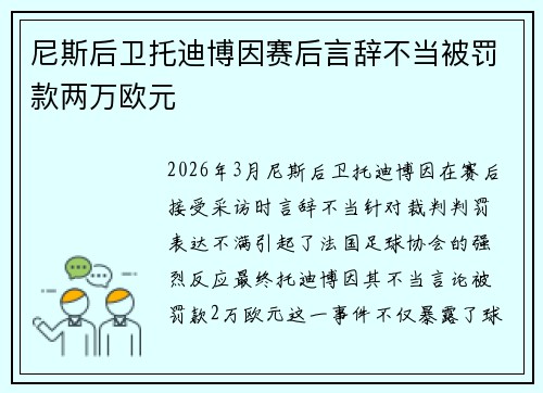 尼斯后卫托迪博因赛后言辞不当被罚款两万欧元