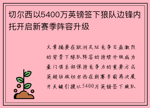 切尔西以5400万英镑签下狼队边锋内托开启新赛季阵容升级