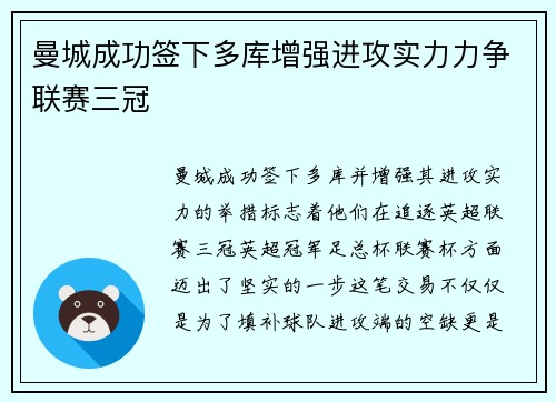 曼城成功签下多库增强进攻实力力争联赛三冠 曼城成功签下多库增强进攻实力力争联赛三冠