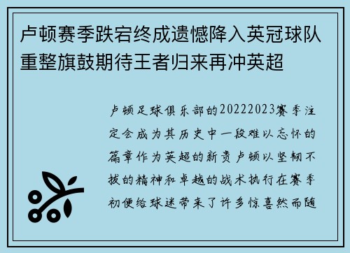 卢顿赛季跌宕终成遗憾降入英冠球队重整旗鼓期待王者归来再冲英超