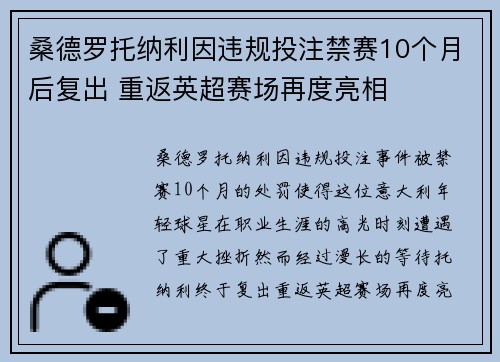桑德罗托纳利因违规投注禁赛10个月后复出 重返英超赛场再度亮相 桑德罗托纳利因违规投注禁赛10个月后复出 重返英超赛场再度亮相